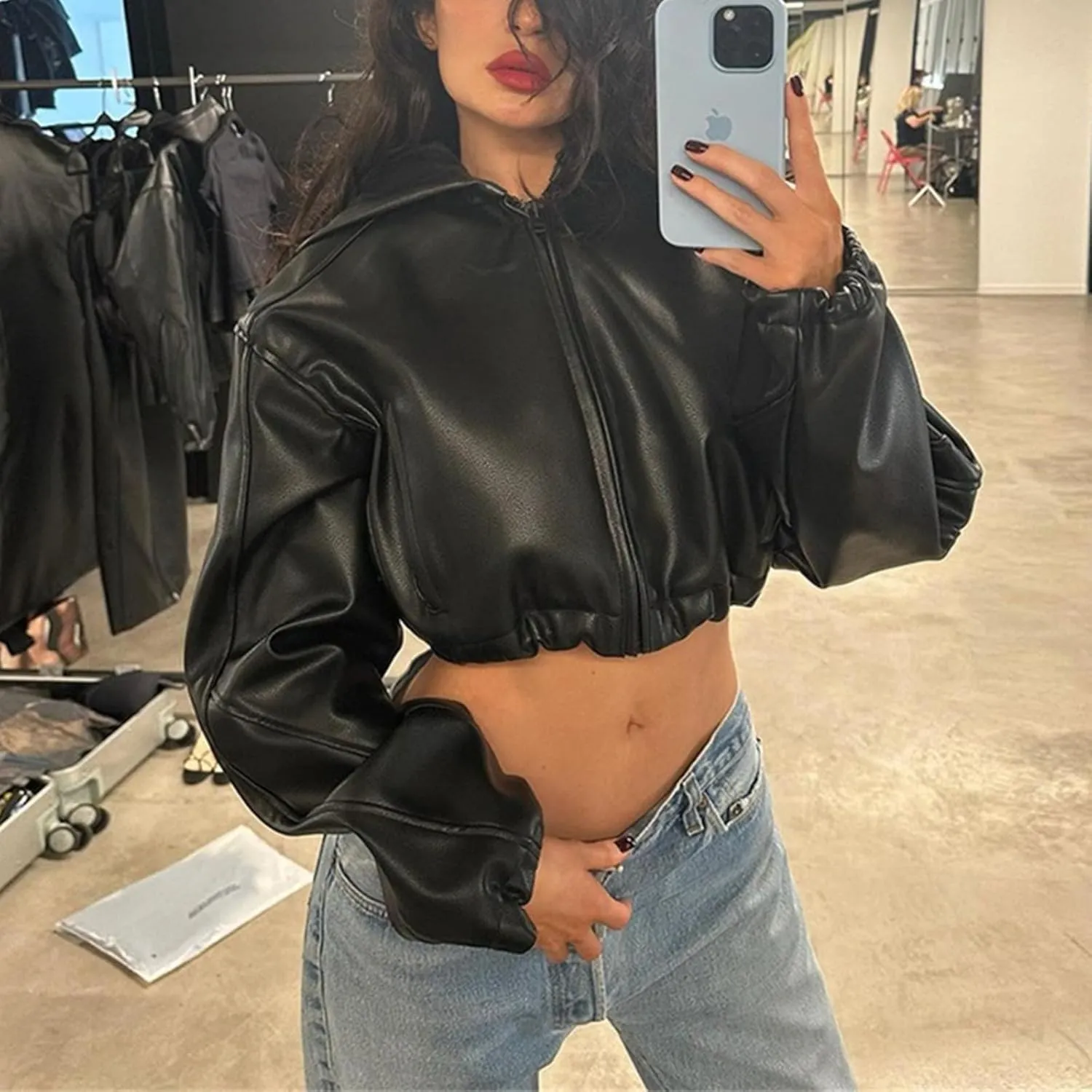 Faux Leather Jacket Women Black Leather Jacket Women Cropped Leather Jacket Long Sleeve Zipper Closure Moto Biker Top