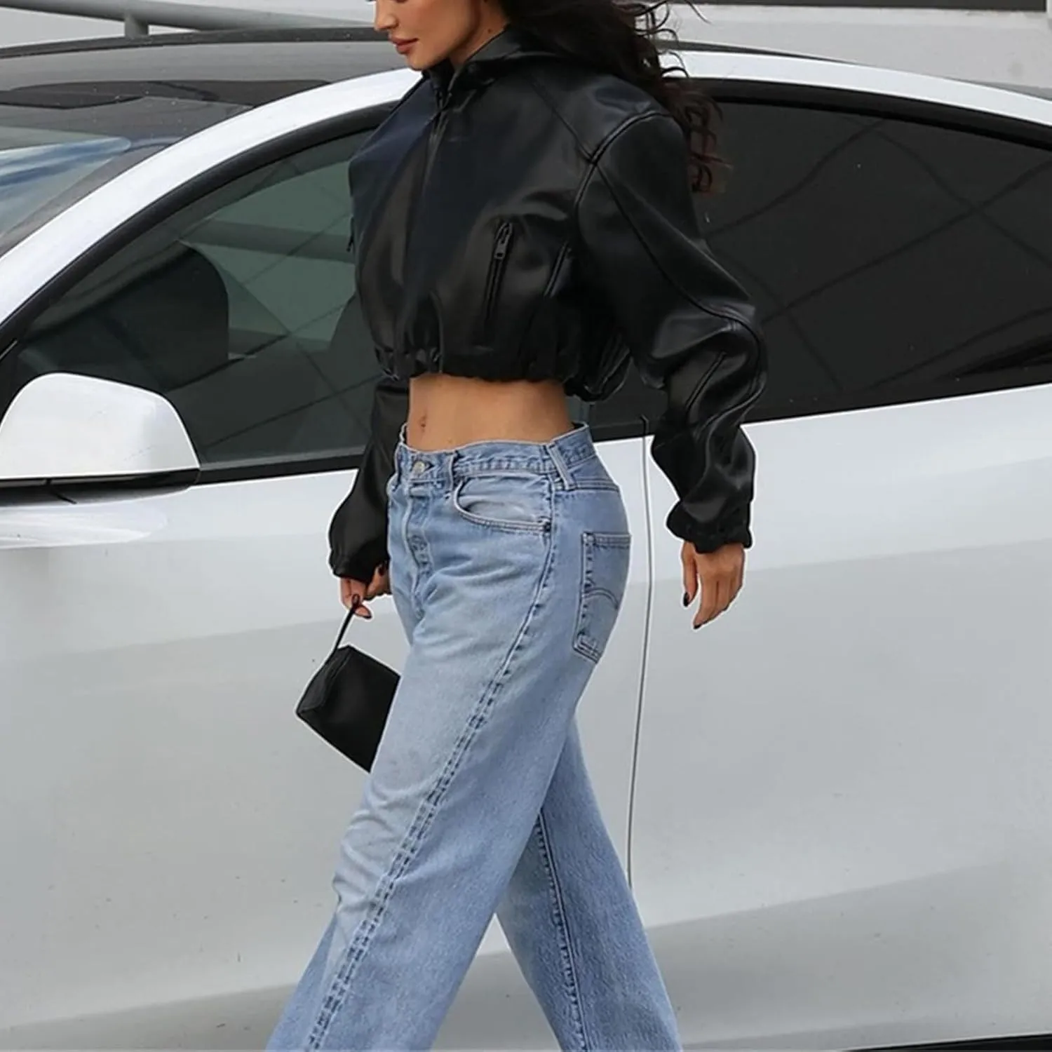 Faux Leather Jacket Women Black Leather Jacket Women Cropped Leather Jacket Long Sleeve Zipper Closure Moto Biker Top
