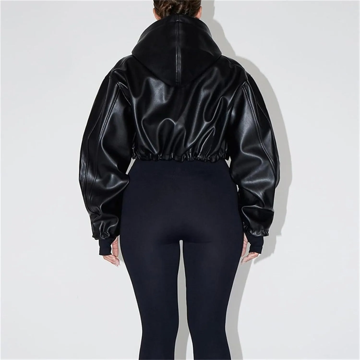 Faux Leather Jacket Women Black Leather Jacket Women Cropped Leather Jacket Long Sleeve Zipper Closure Moto Biker Top