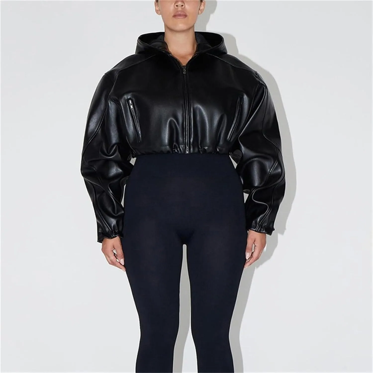 Faux Leather Jacket Women Black Leather Jacket Women Cropped Leather Jacket Long Sleeve Zipper Closure Moto Biker Top