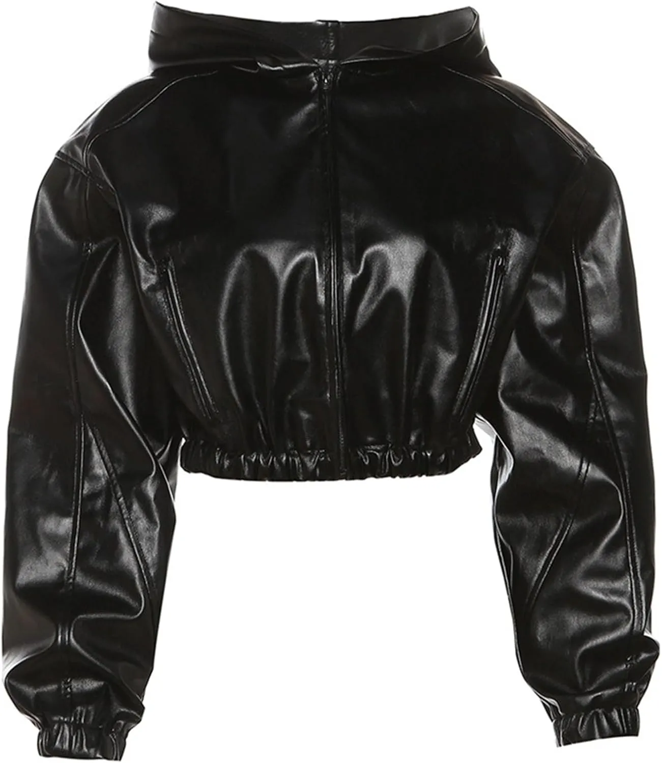 Faux Leather Jacket Women Black Leather Jacket Women Cropped Leather Jacket Long Sleeve Zipper Closure Moto Biker Top