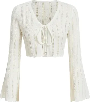 Floerns Women's Scallop Trim Trumpet Long Sleeve Tie Front Cardigan Crop Top