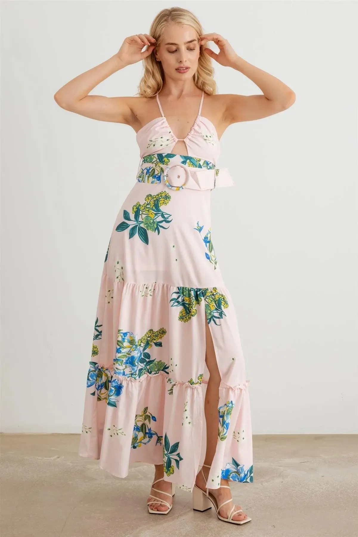 Floral Halter Neck Belted Flare Hem Maxi Dress