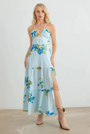 Floral Halter Neck Belted Flare Hem Maxi Dress