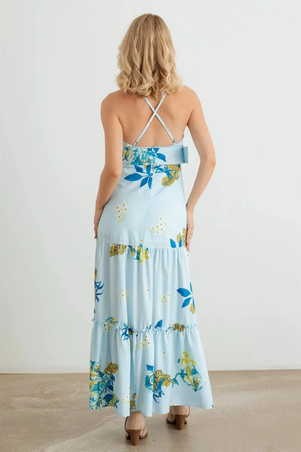 Floral Halter Neck Belted Flare Hem Maxi Dress