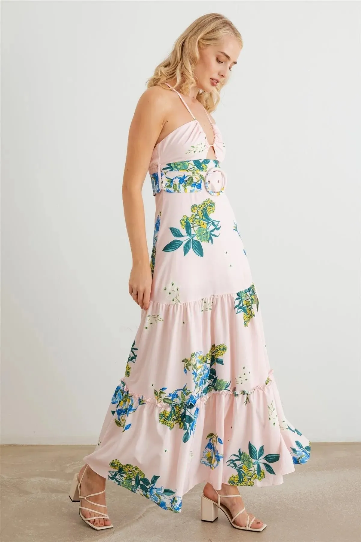 Floral Halter Neck Belted Flare Hem Maxi Dress