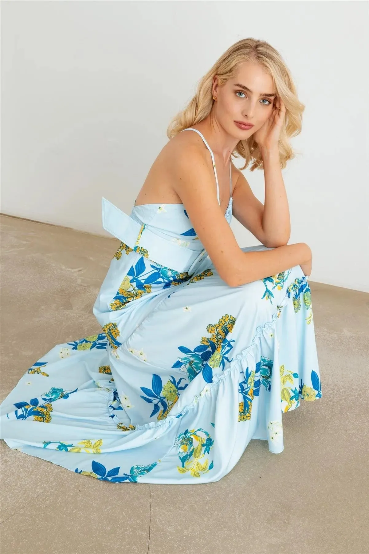 Floral Halter Neck Belted Flare Hem Maxi Dress