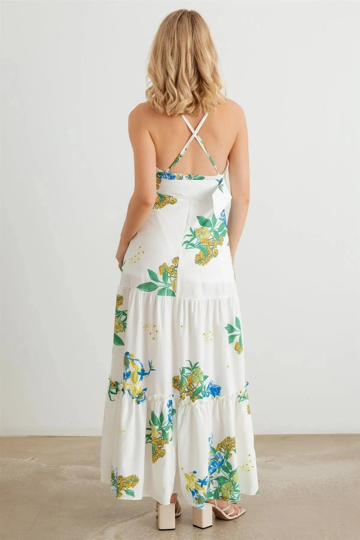 Floral Halter Neck Belted Flare Hem Maxi Dress