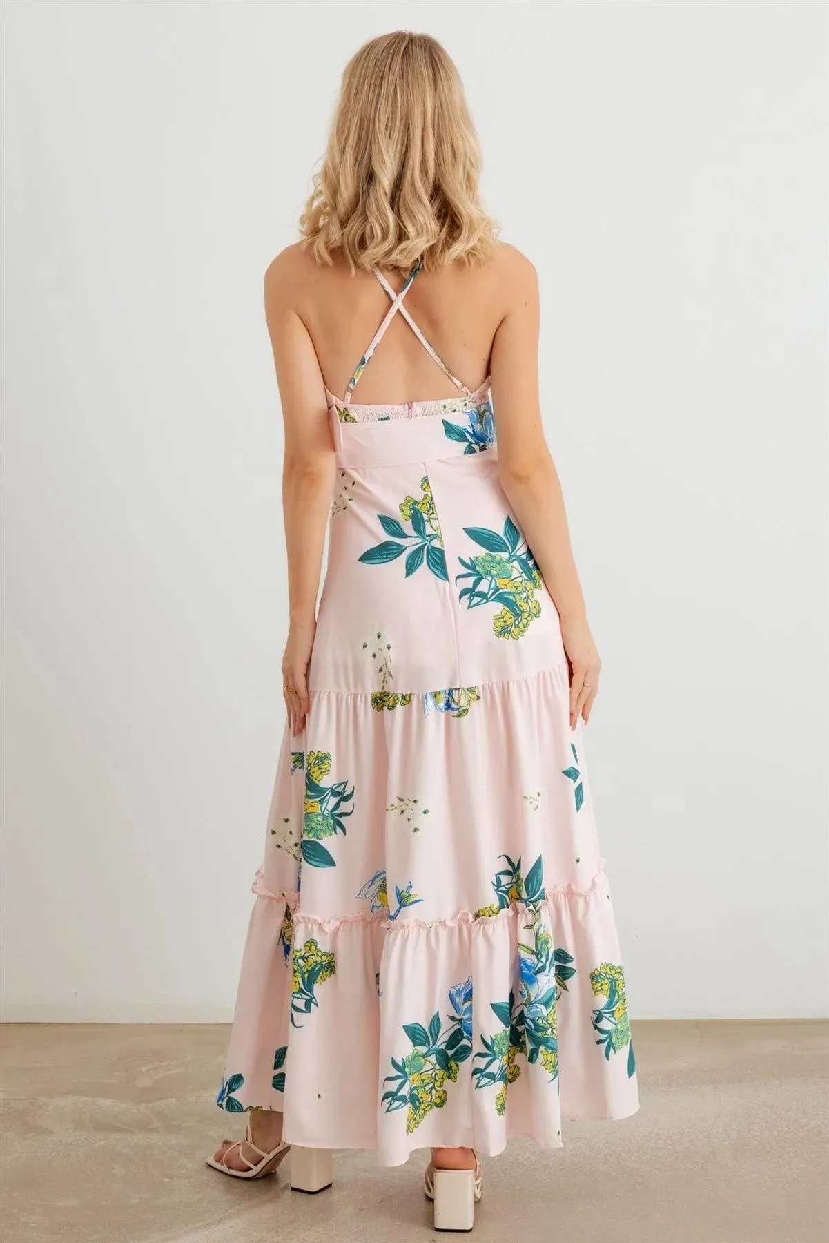 Floral Halter Neck Belted Flare Hem Maxi Dress