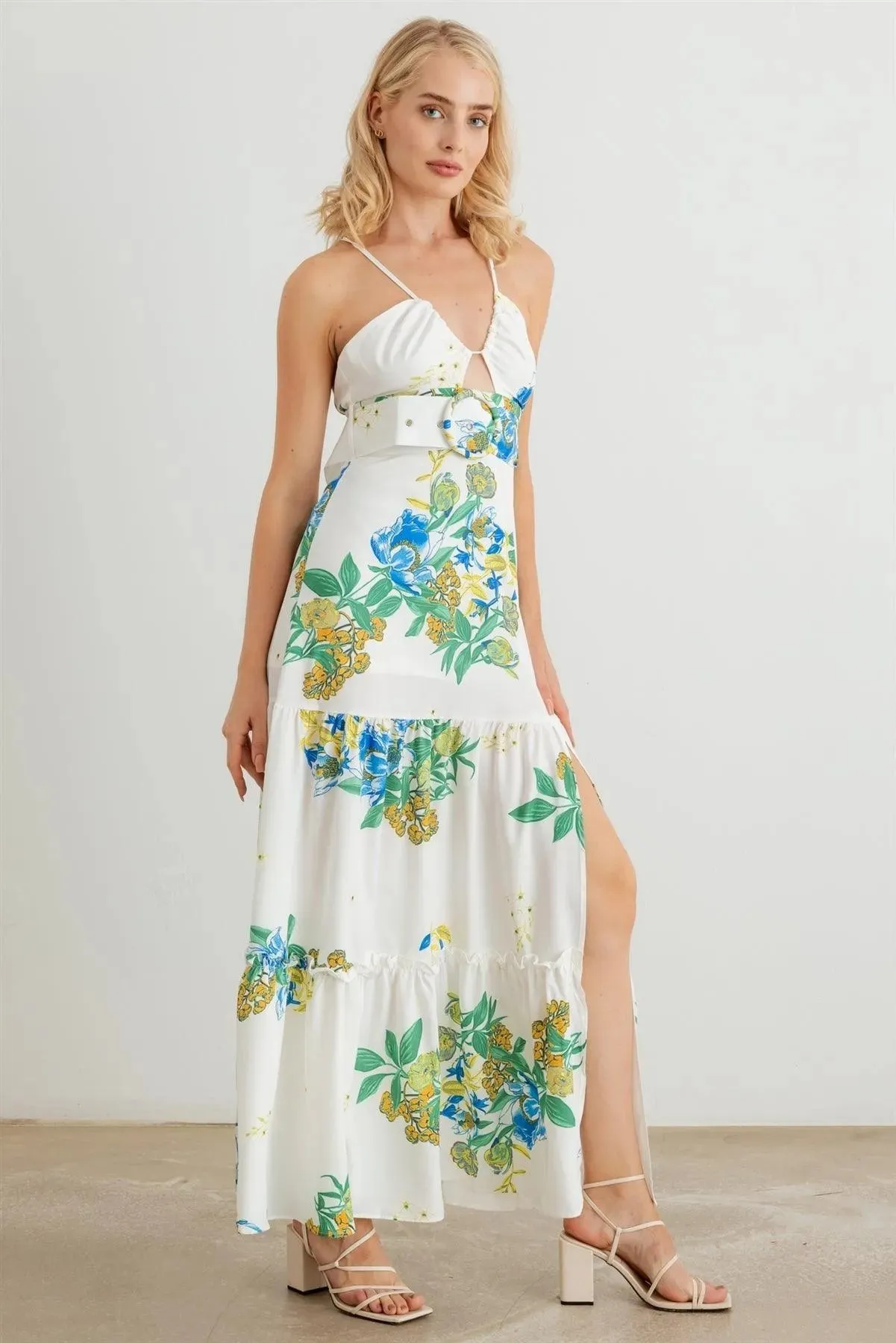 Floral Halter Neck Belted Flare Hem Maxi Dress