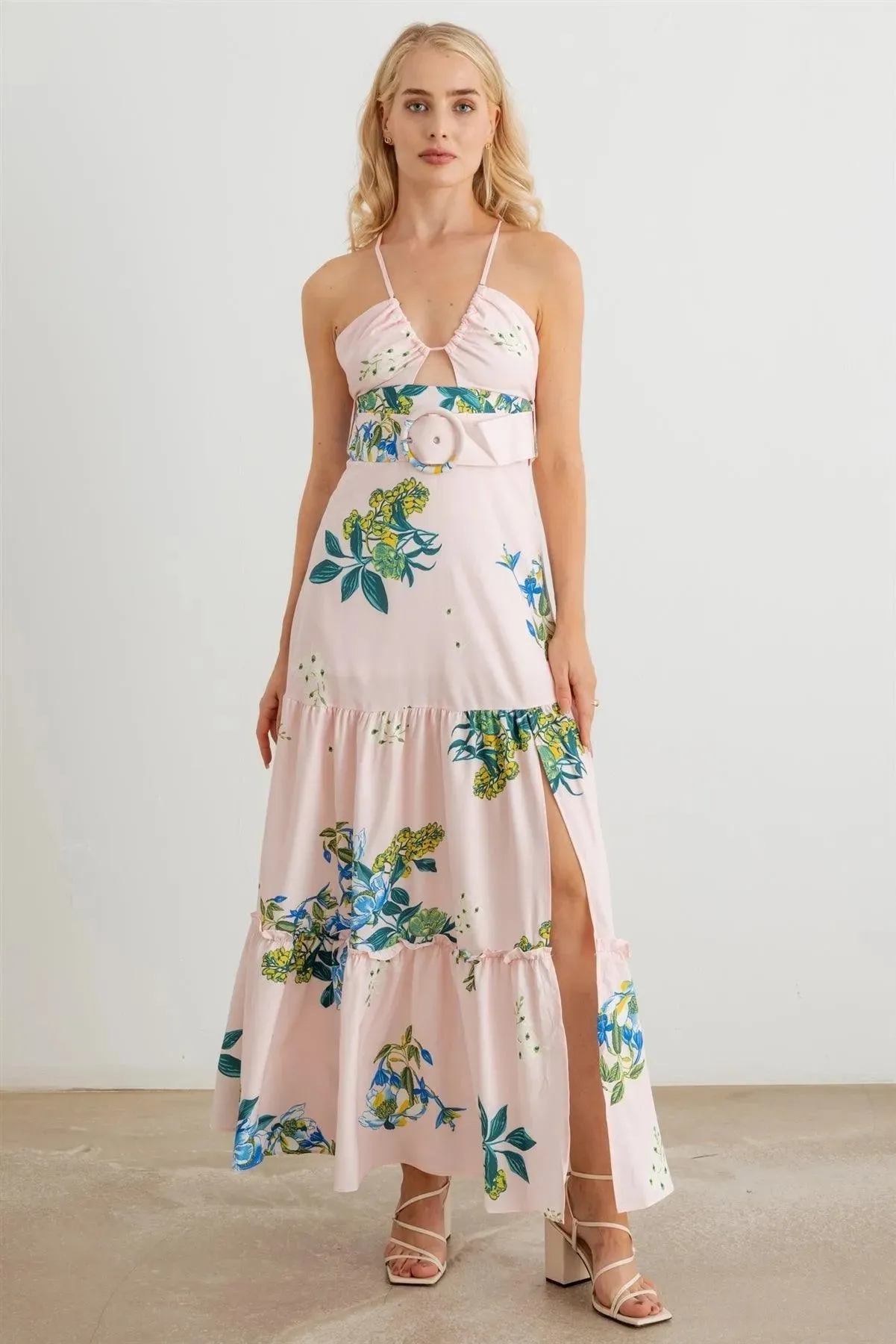 Floral Halter Neck Belted Flare Hem Maxi Dress