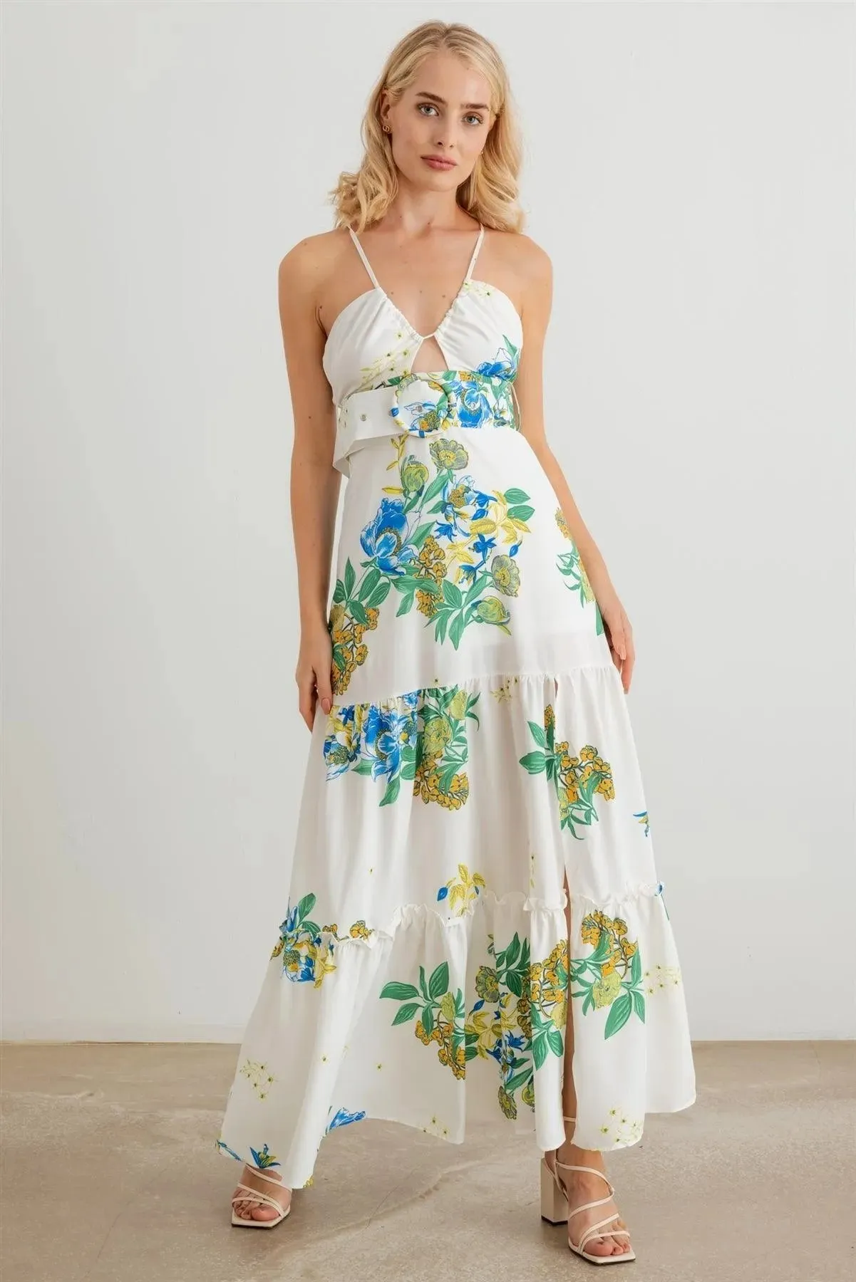 Floral Halter Neck Belted Flare Hem Maxi Dress