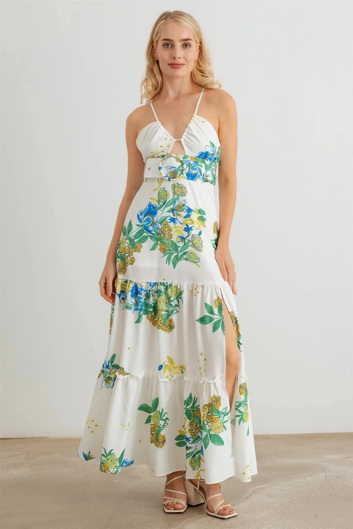 Floral Halter Neck Belted Flare Hem Maxi Dress