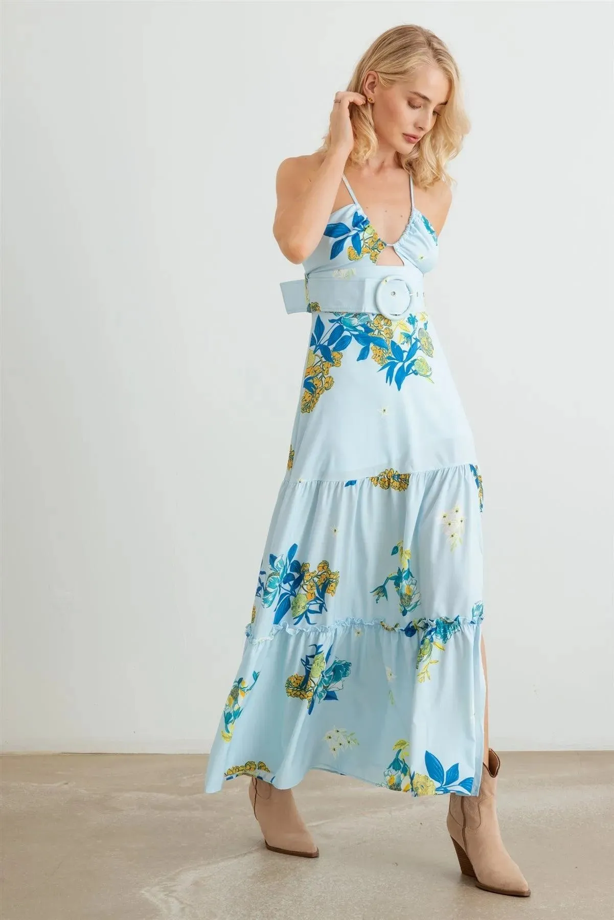 Floral Halter Neck Belted Flare Hem Maxi Dress
