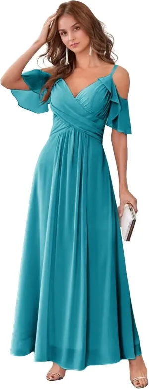 GATMAHE Women's V Neck Bridesmaid Dresses Long Off The Shoulder Ruffle Chiffon Formal Evening Gown with Slit