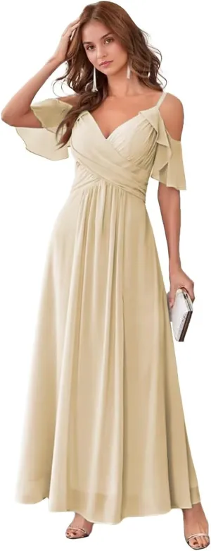 GATMAHE Women's V Neck Bridesmaid Dresses Long Off The Shoulder Ruffle Chiffon Formal Evening Gown with Slit