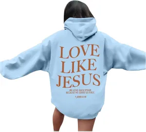 Graphic Hoodie Streetwear Jesus Loves You Bible Verse Letter Printed Fall Outfit with Kangaroo Pocket Drawstring Leisure Fall