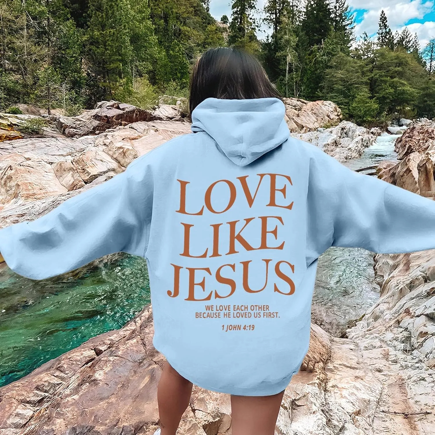 Graphic Hoodie Streetwear Jesus Loves You Bible Verse Letter Printed Fall Outfit with Kangaroo Pocket Drawstring Leisure Fall