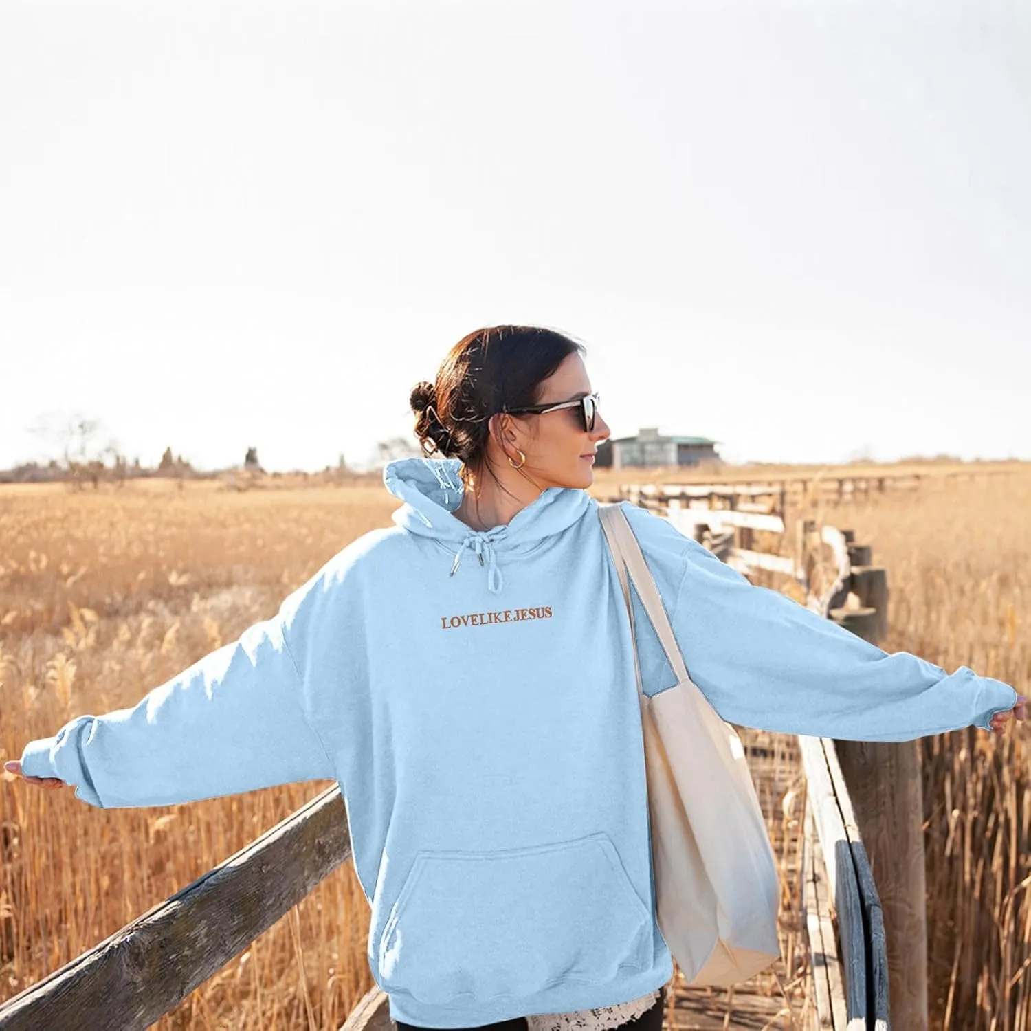 Graphic Hoodie Streetwear Jesus Loves You Bible Verse Letter Printed Fall Outfit with Kangaroo Pocket Drawstring Leisure Fall