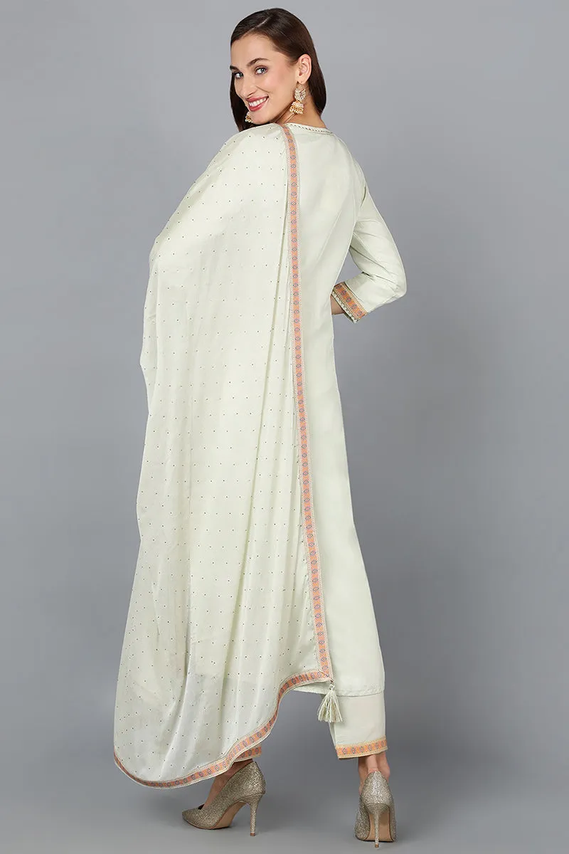 Green Silk Blend Straight Woven Design Kurta Pant With Dupatta