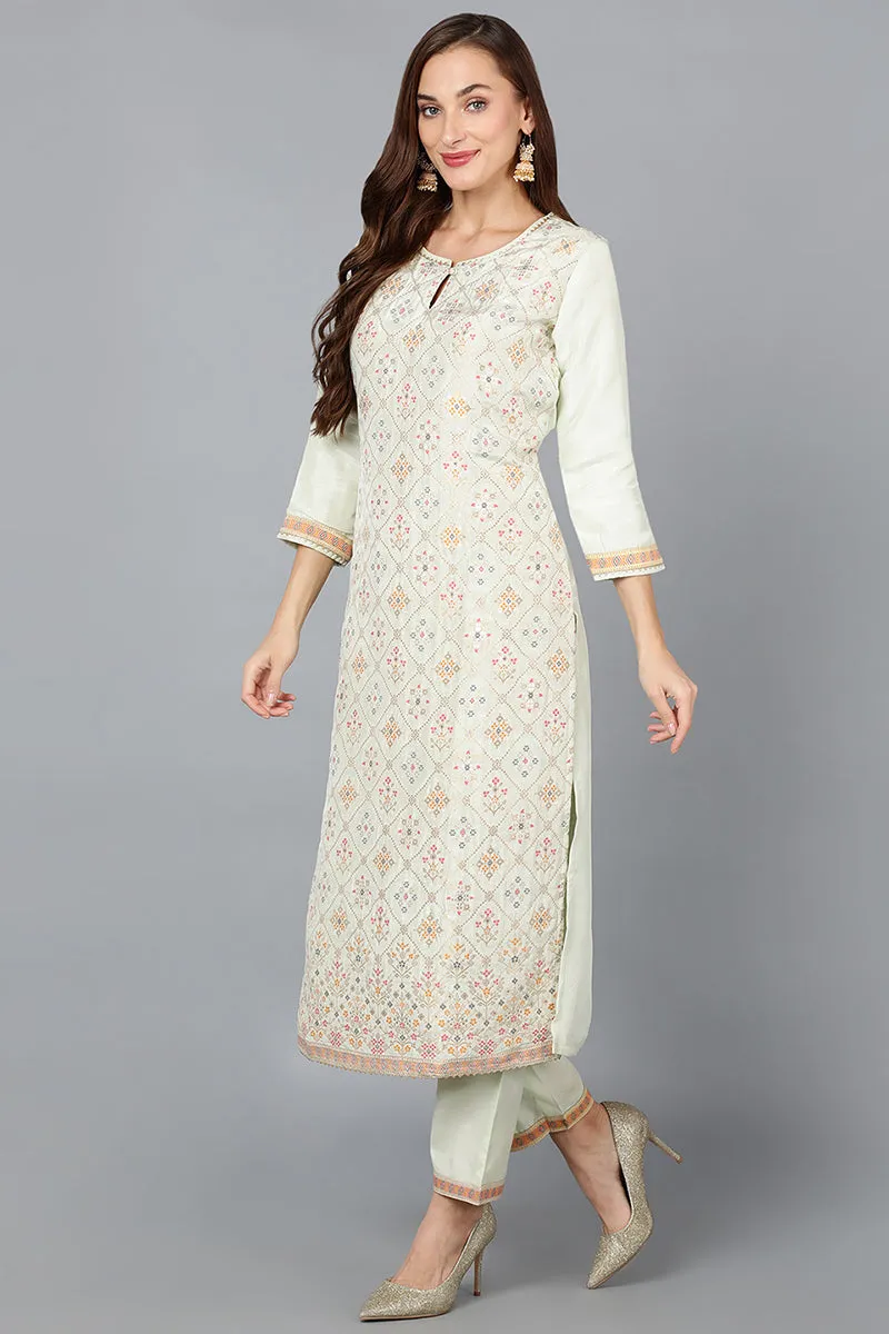 Green Silk Blend Straight Woven Design Kurta Pant With Dupatta