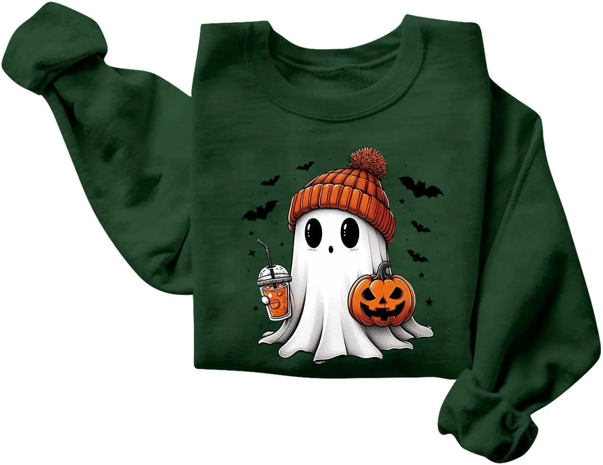 Halloween Sweatshirts for Women Ghost Oversized Crewneck Sweatshirt Cute Pumpkin Graphic Hoodies Fleece Pullover