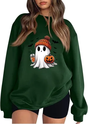 Halloween Sweatshirts for Women Ghost Oversized Crewneck Sweatshirt Cute Pumpkin Graphic Hoodies Fleece Pullover
