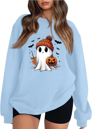 Halloween Sweatshirts for Women Ghost Oversized Crewneck Sweatshirt Cute Pumpkin Graphic Hoodies Fleece Pullover