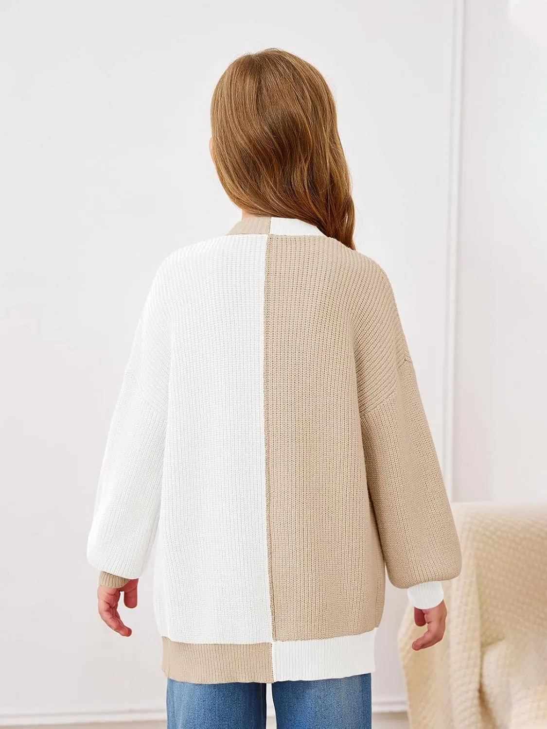 Haloumoning Girls Oversized Batwing Sleeve Cardigan Sweaters Kids Fashion Open Front Color Block Outerwear