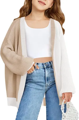 Haloumoning Girls Oversized Batwing Sleeve Cardigan Sweaters Kids Fashion Open Front Color Block Outerwear