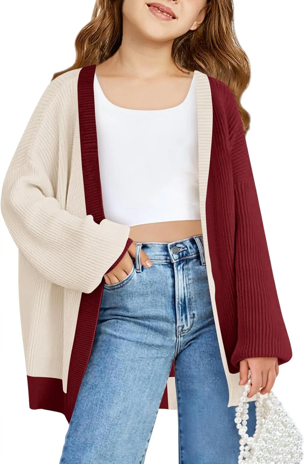 Haloumoning Girls Oversized Batwing Sleeve Cardigan Sweaters Kids Fashion Open Front Color Block Outerwear