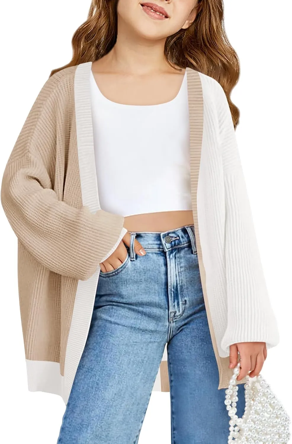 Haloumoning Girls Oversized Batwing Sleeve Cardigan Sweaters Kids Fashion Open Front Color Block Outerwear