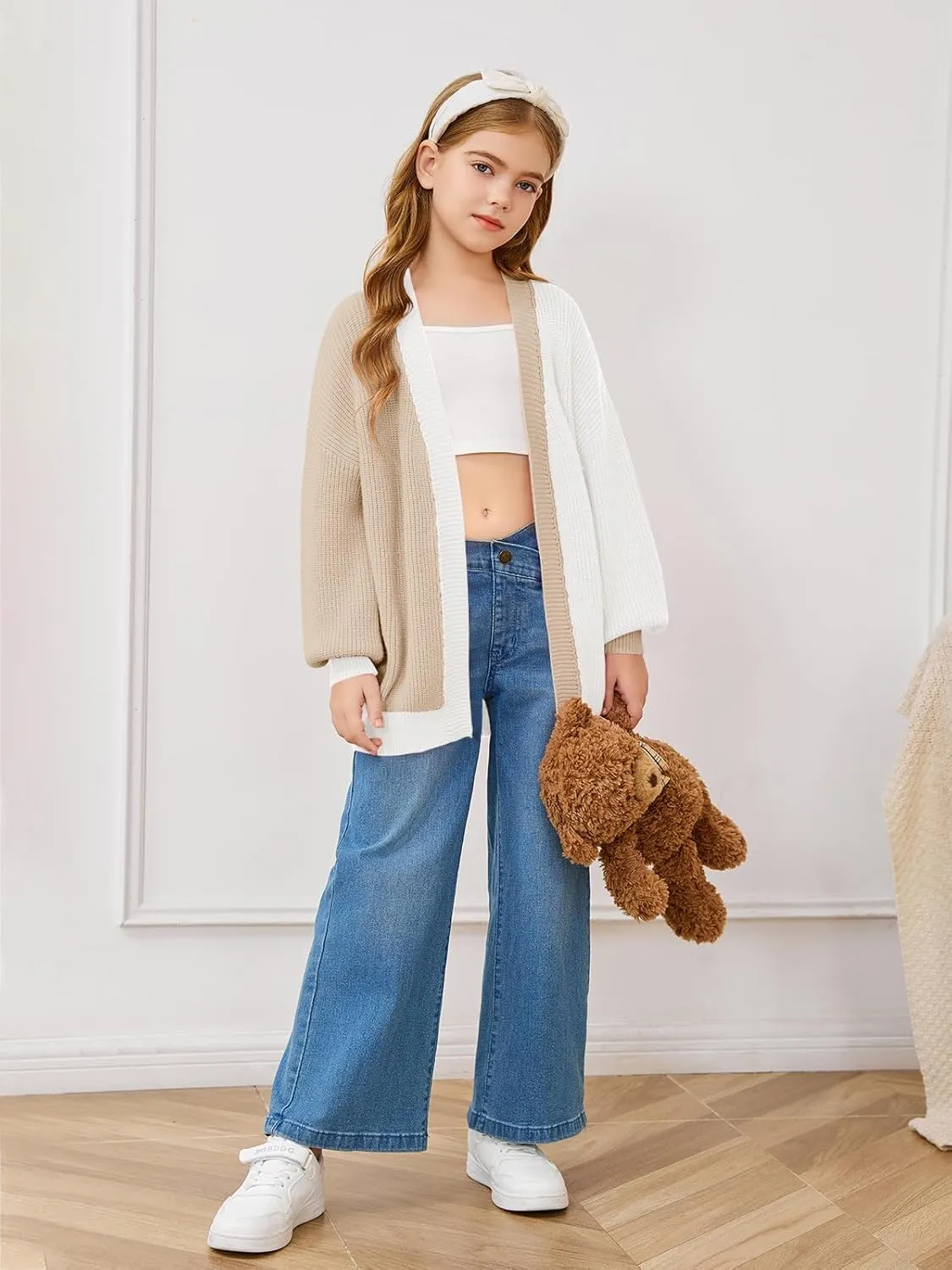 Haloumoning Girls Oversized Batwing Sleeve Cardigan Sweaters Kids Fashion Open Front Color Block Outerwear