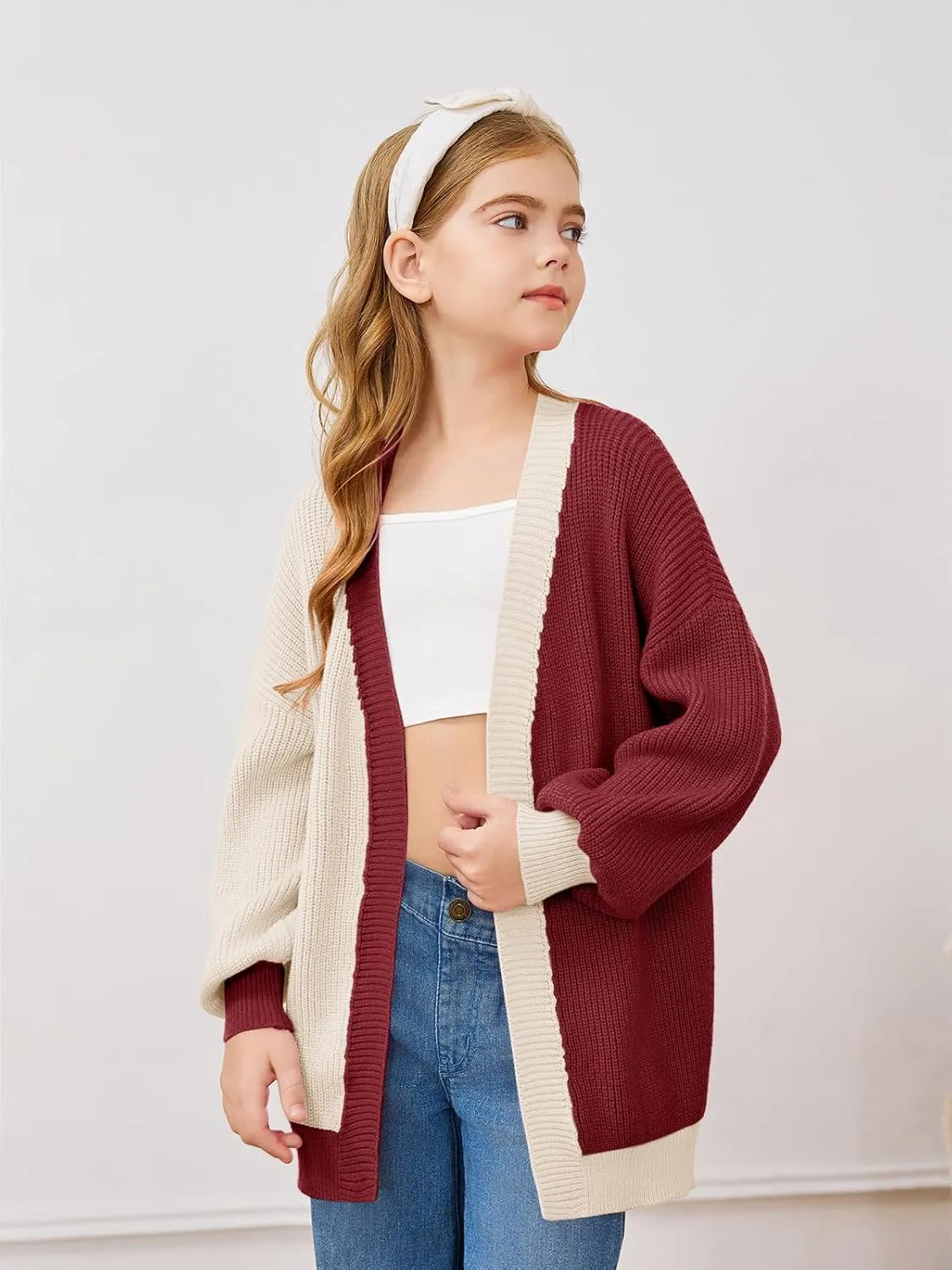 Haloumoning Girls Oversized Batwing Sleeve Cardigan Sweaters Kids Fashion Open Front Color Block Outerwear