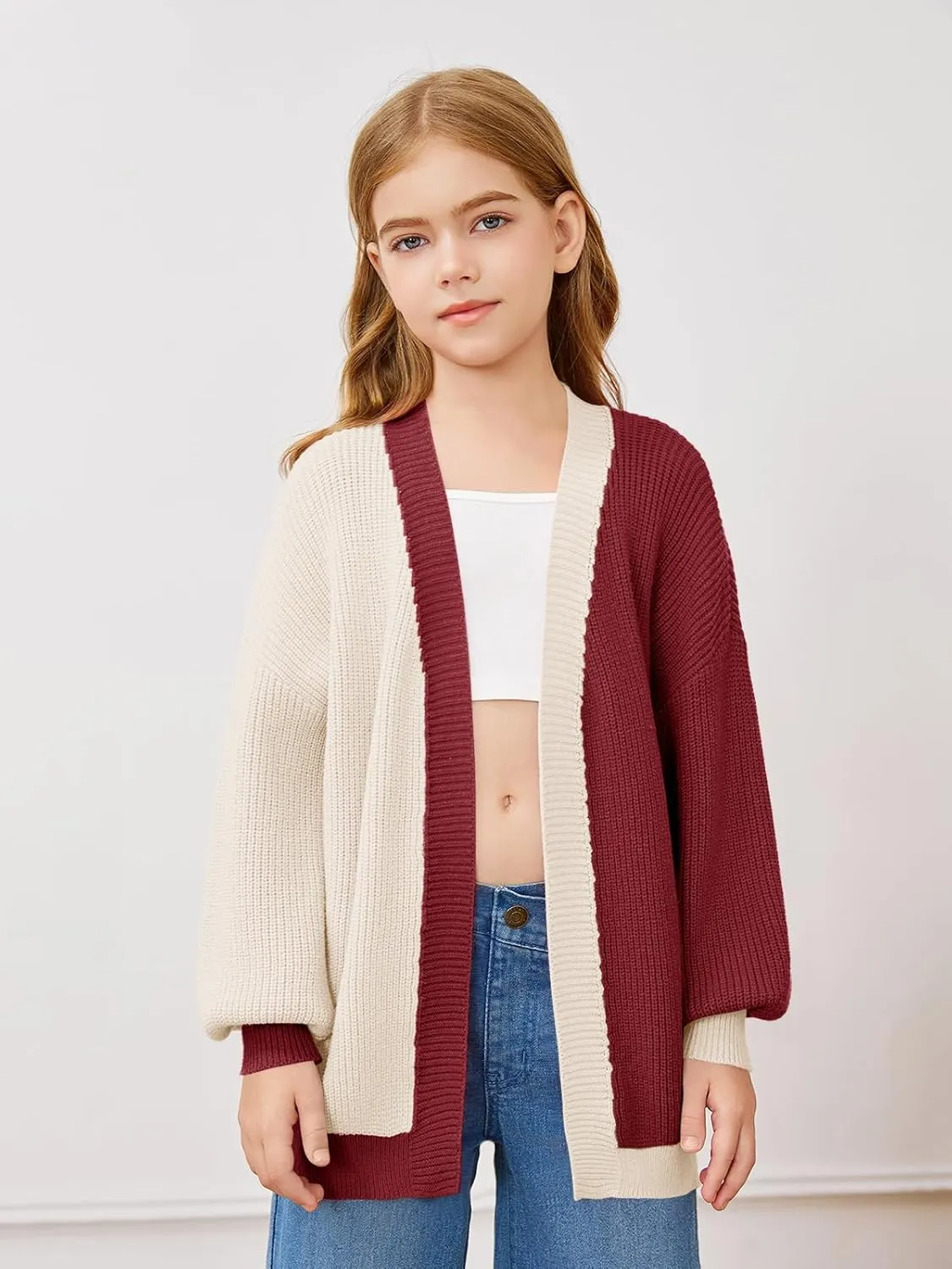 Haloumoning Girls Oversized Batwing Sleeve Cardigan Sweaters Kids Fashion Open Front Color Block Outerwear