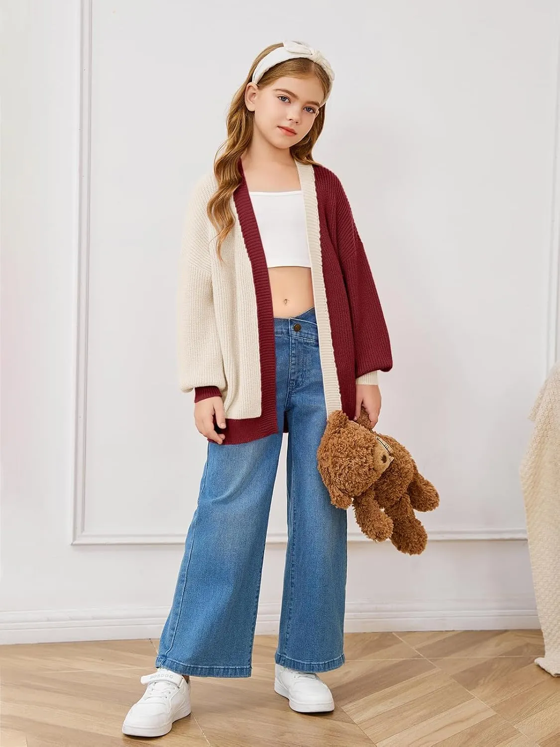 Haloumoning Girls Oversized Batwing Sleeve Cardigan Sweaters Kids Fashion Open Front Color Block Outerwear