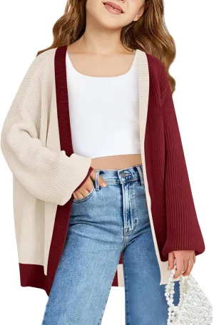 Haloumoning Girls Oversized Batwing Sleeve Cardigan Sweaters Kids Fashion Open Front Color Block Outerwear