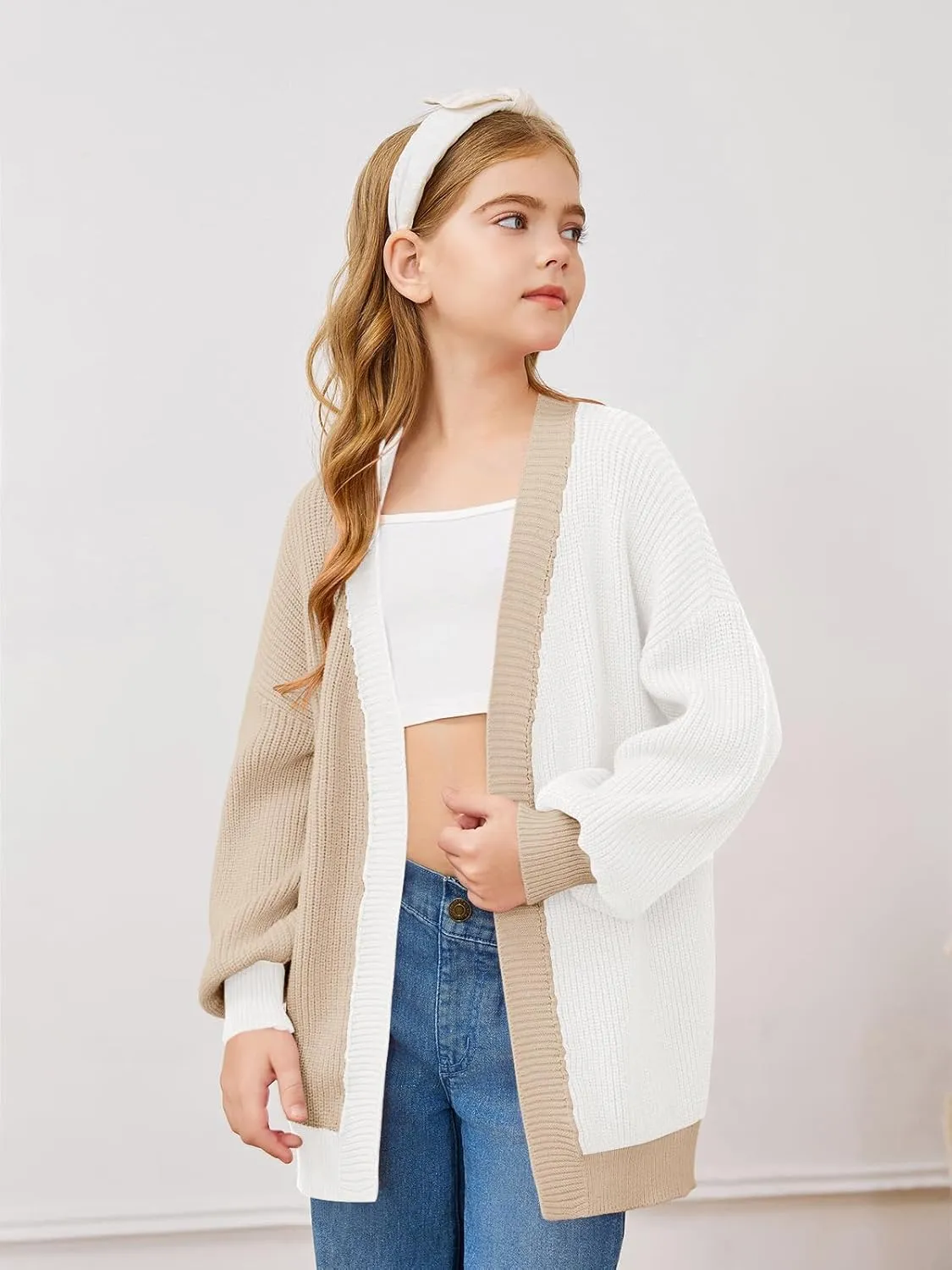 Haloumoning Girls Oversized Batwing Sleeve Cardigan Sweaters Kids Fashion Open Front Color Block Outerwear