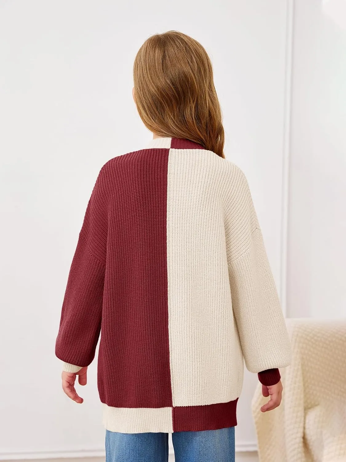 Haloumoning Girls Oversized Batwing Sleeve Cardigan Sweaters Kids Fashion Open Front Color Block Outerwear