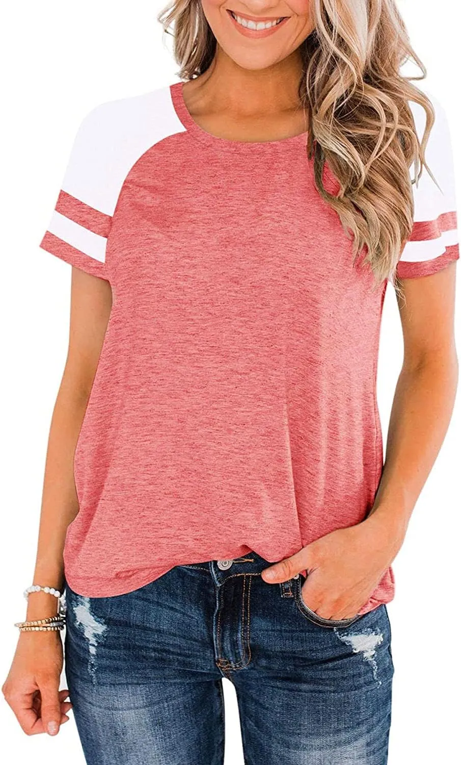 Heymiss Womens Shirts Casual Tunic Tops Color Block Crewneck Summer Loose Fitting Workout Tee Shirts