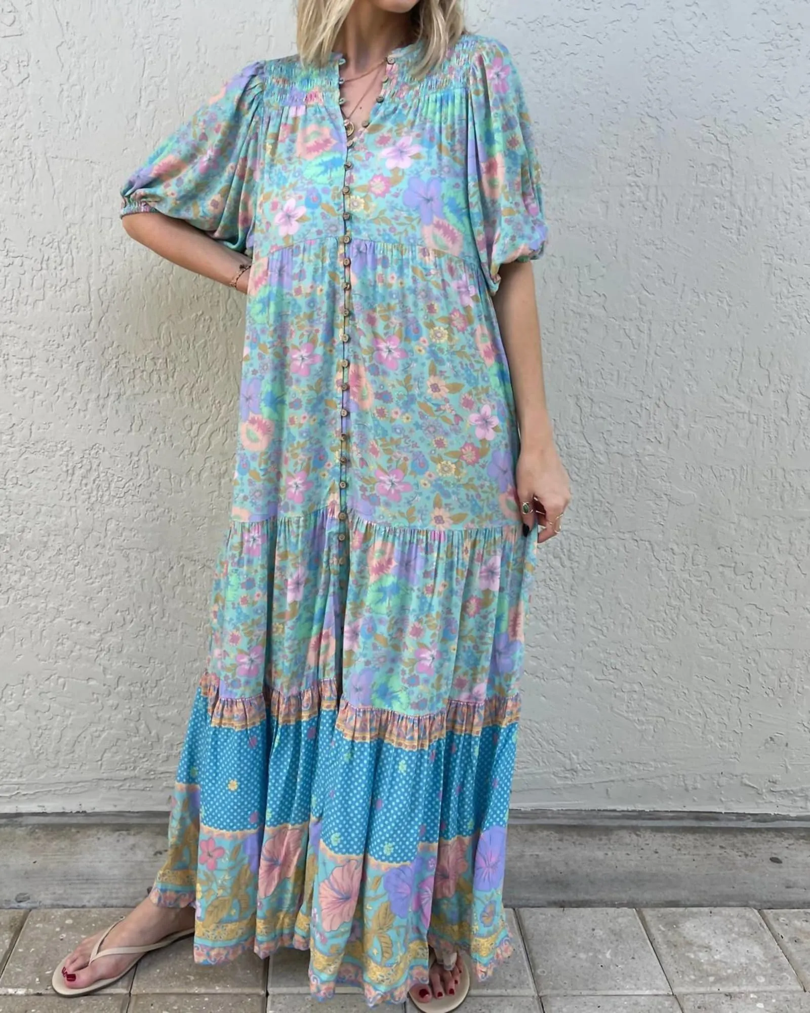 Hibiscus Lane Button Through Maxi Gown in Blue Floral | Blue Floral