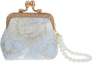 Homoyoyo Elegant Evening Dress Purse Women's Formal Clutch Floral Embroidery Pearl Strap for Parties