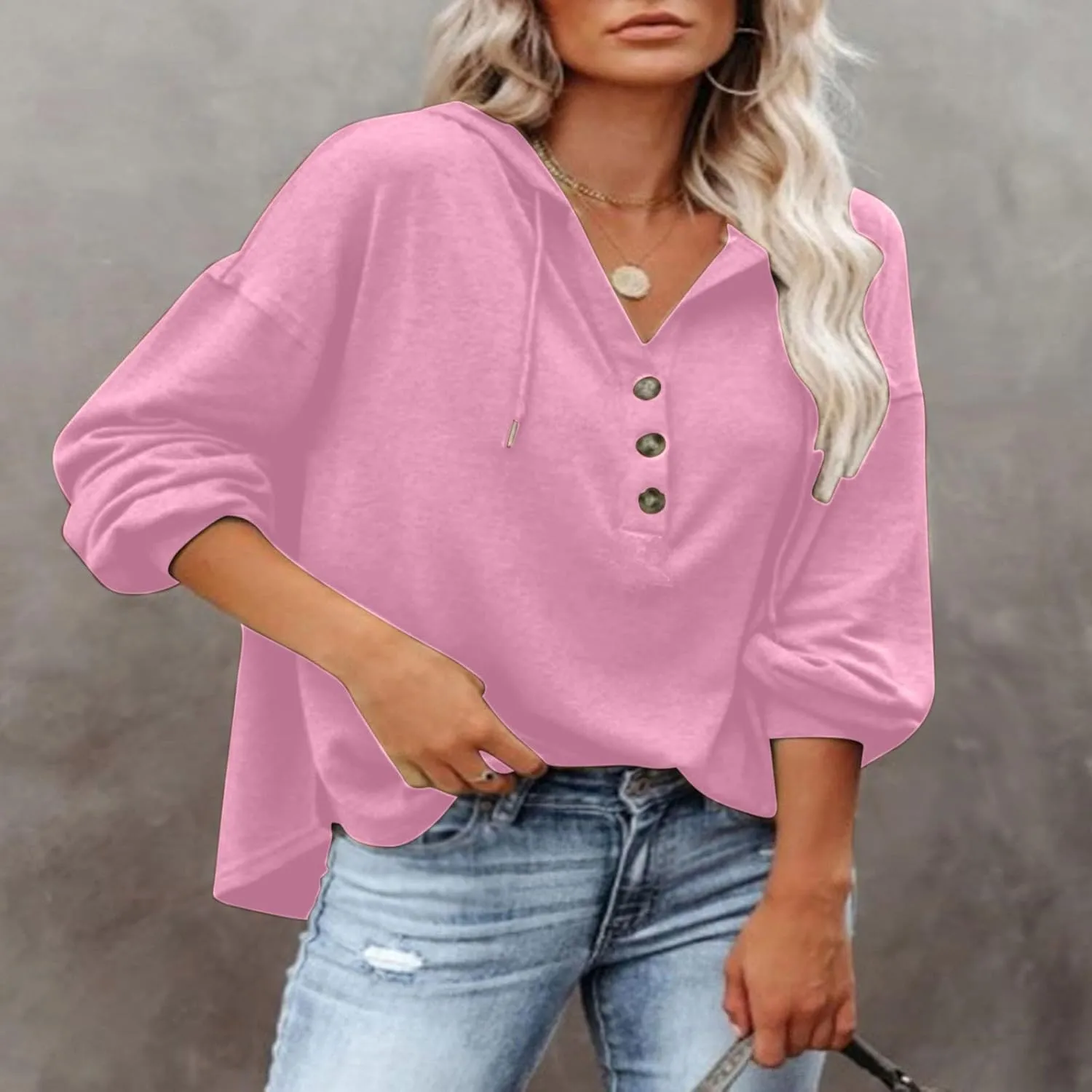 Hoodies for Women Lantern Long Sleeve Sweatshirts Button V Neck Shirts Hooded Pullover Casual Trendy Party Daily Top