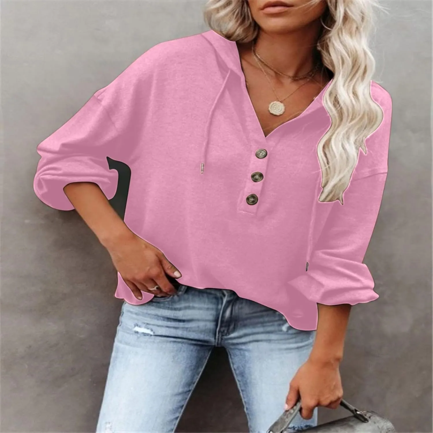 Hoodies for Women Lantern Long Sleeve Sweatshirts Button V Neck Shirts Hooded Pullover Casual Trendy Party Daily Top