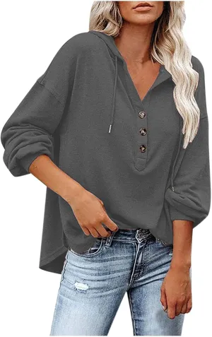 Hoodies for Women Lantern Long Sleeve Sweatshirts Button V Neck Shirts Hooded Pullover Casual Trendy Party Daily Top