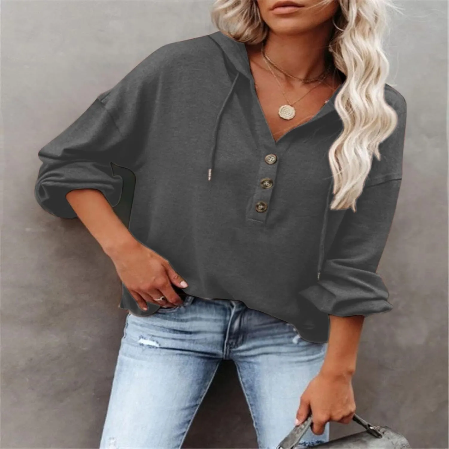 Hoodies for Women Lantern Long Sleeve Sweatshirts Button V Neck Shirts Hooded Pullover Casual Trendy Party Daily Top