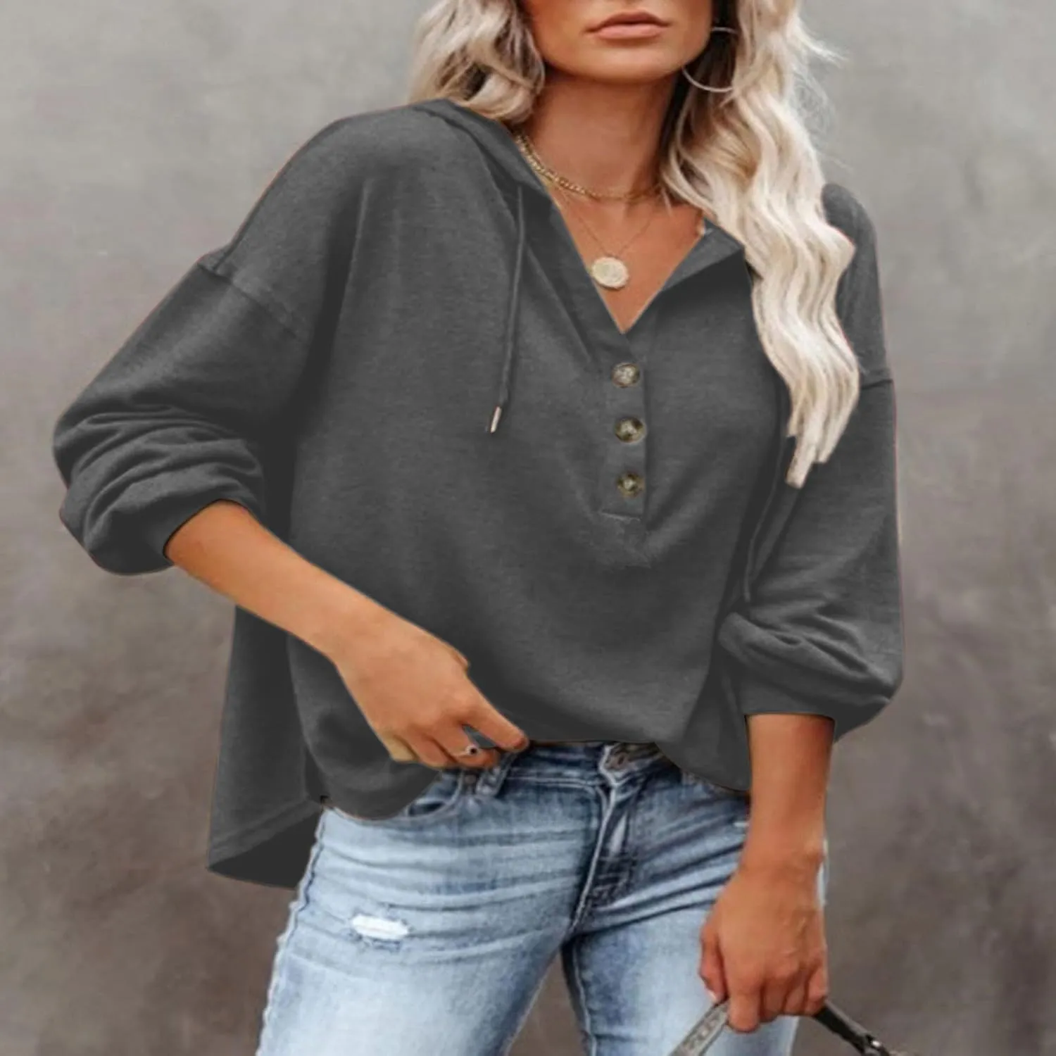 Hoodies for Women Lantern Long Sleeve Sweatshirts Button V Neck Shirts Hooded Pullover Casual Trendy Party Daily Top