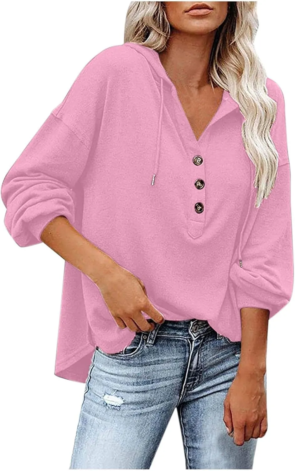 Hoodies for Women Lantern Long Sleeve Sweatshirts Button V Neck Shirts Hooded Pullover Casual Trendy Party Daily Top