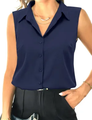 HOTOUCH Womens Sleeveless Button Down Shirt Tops V Neck Business Casual Collared Blouses Tank Top