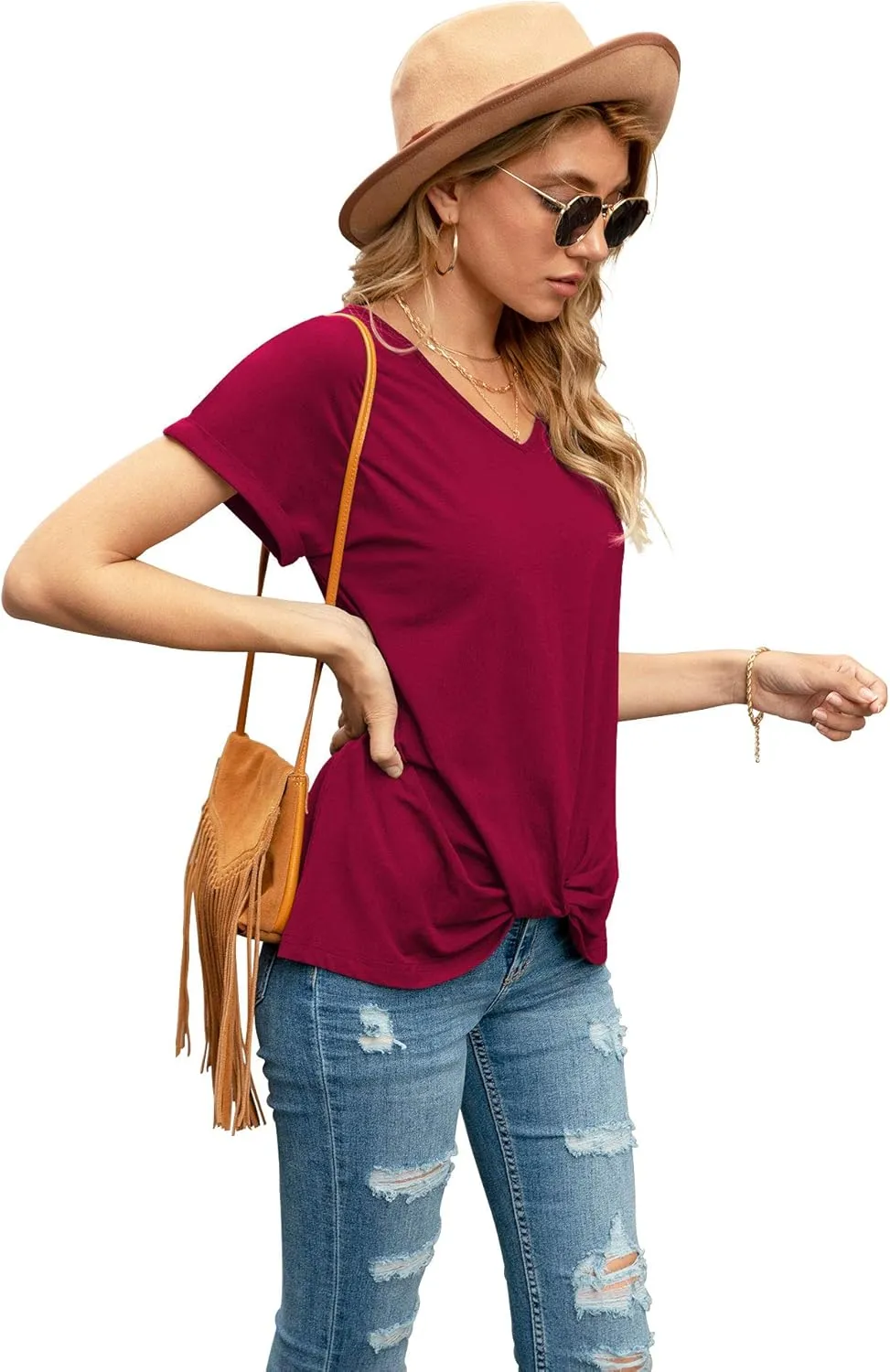 Iandroiy Women's Comfy Casual Summer Tops Short Sleeve V Neck Blouses T Shirts Twist Knot Tees